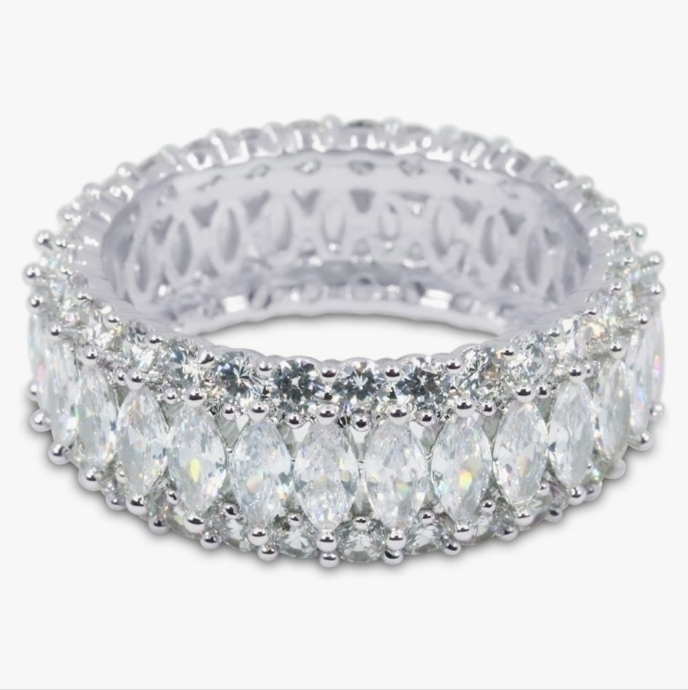 18K White Gold Marquis Cut Eternity Ring Band Stacked Layered Gift Present